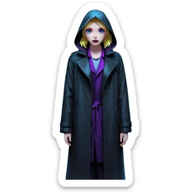 Movie Poster: A tense, gripping design with dramatic lighting. Include a mysterious figure in a dark coat standing in a rain-soaked alley, with glowing neon signs in the background. Shadows loom, and ominous shapes emerge from the mist. Suspenseful and cinematic atmosphere. Transparent background. sticker