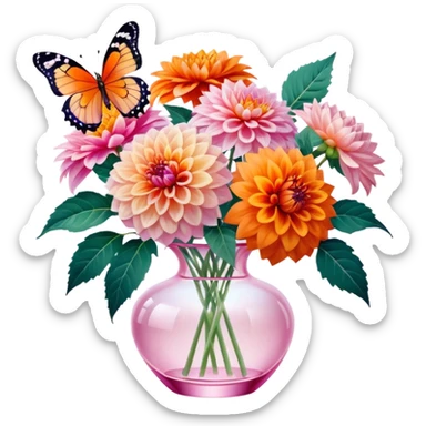 4k quailty, 8000x8000px resolution, hyperrealism, ultra detailed, very full lush Dahlias in bright and vivid colors with blooming petals, in a crystal translucent pale pastel pink vase, with silk ribbon around vase. Orange butterfly resting on flower. Still life, masterpiece  sticker