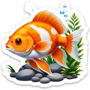 Large aquarium fish like veil tails and lionhead goldfish swimming gracefully in a beautifully decorated aquarium. Colorful aquatic plants, smooth rocks, and gentle bubbles surround the fish. The water shimmers in sunlight, creating a peaceful and vibrant underwater scene. Transparent background. sticker