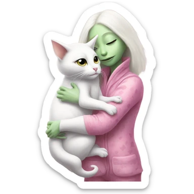 Reptilian alien woman meditation pink pajamas, hugs a white cat sticker