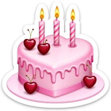 Pink heart shaped birthday cake with cherries and candles sticker