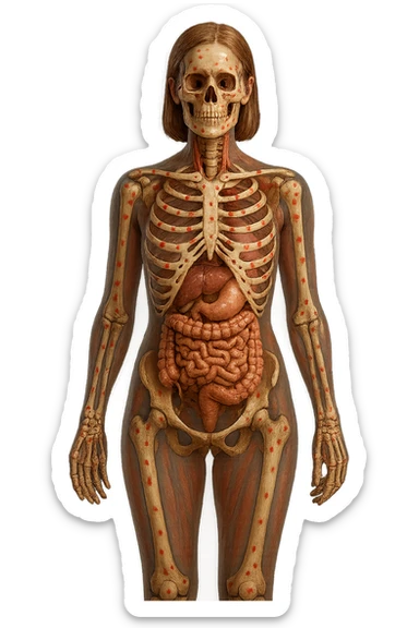 corpo umano anatomico di una donna affetta da fibromialgia, intestino anatomico realistico e red spot sparsi sulle sue ossa, iperrealistica 4k sticker