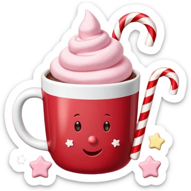 hot chocolate with pastel pink marshmallows in red christmas mug with stars and candy cane, trendy aesthetic sticker