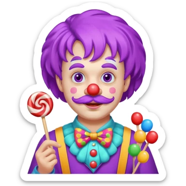 Funny clown — purple wig, mustache, candy in hand sticker