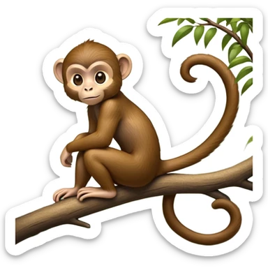 cinematic-monkey-realistic-full-body-sitting-emoji,-slim-agile-frame-poised-on-a-branch,-long-tail-curled-slightly,-head-tilted-dramatically,-warm-brown-fur-soft-and-fluffy,-bright-playful-eyes-exuding-mischief,-simplified-yet-realistic-focused-features,-highly-detailed,-glowing-with-an-almost-sarcastic-glow sticker