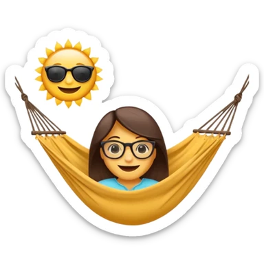 Créer un emoji stylisé et coloré représentant le week-end, joyeux et relaxant. L’emoji doit être rond, lumineux, avec un visage souriant ou des lunettes de soleil teint noir. Ajouter des éléments évoquant le repos ou le plaisir : café, hamac, soleil, musique, détente.  sticker