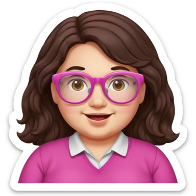 chubby English teacher, happy, wearing pink glasses, wavy long dark brown hair, face only, gamer vibe, classroom background, emoji style, for online classes sticker