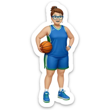 Full Body plus size white female basketball player with short medium brown hair with carmel highlights spikey hair wearing blue glasses 
 wide nose wearing blue green uniform  green sneakers smiling wearing silver hoop earrings sticker