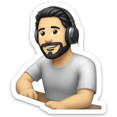 white man with black hair and beard and headphones sitting relaxed with a desk in front of him sticker