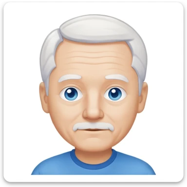 white skinned grandpa with short white hair, blue eyes and a blue tee shirt sticker