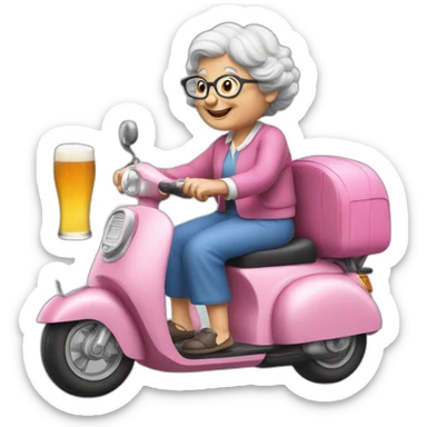 a granny with a beer on a pink scooter sticker