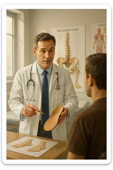 A realistic, cinematic illustration of a professional male doctor in his mid-40s, wearing a white coat, calmly explaining to a patient the benefits of using orthopedic insoles (plantari) for posture correction. The doctor holds a custom insole in his hand while pointing gently to a detailed anatomical poster showing the human spine, pelvis, and feet, illustrating the connection between foot alignment and posture. The setting is a bright, clean medical office with soft natural lighting, a treatment table, and educational anatomical charts in the background. The patient, seen from behind, listens attentively, while the doctor maintains a warm, knowledgeable expression, emphasizing preventive care and body alignment through plantar support. The scene feels trustworthy, modern, and health-focused. sticker