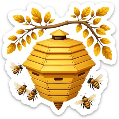 A small hive nestled between tree branches with worker bees. sticker