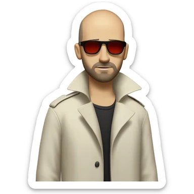 <excerpt>
A white man with real buzz cut Black hair, beard stubble donning small red tinted sun glasses in a dirty white trench coat, is serious.
</excerpt> sticker