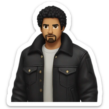 young man, light tan, curly black hair, with black tendrils in his ears, goatee, angry or upset, wearing a Venezuelan flannel, wearing a black motorcycle jacket. sticker