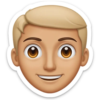 raised eyebrows, right eye slightly squinting, fake smile sticker