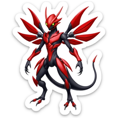 Futuristic shiny glossy edgy dark shady shadowy evil Scizor-Bisharp-Darkrai-Fakémon-hybrid-creature (full body) with white rib cage  sticker