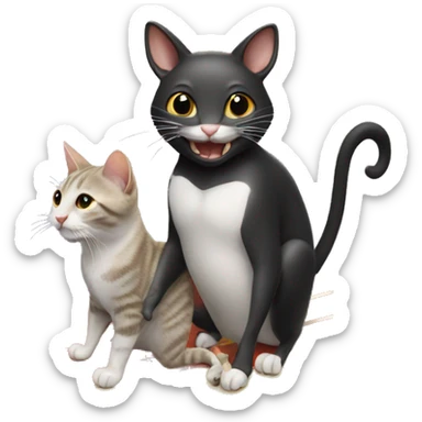 cat riding surfboard eating cheese with a black rat next to it as well sticker