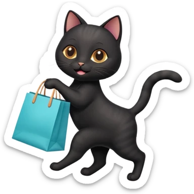 A cute black cat emoji in Apple-style, shown in side view like 🏃, running on four legs with a shopping bag in its mouth. Smooth gradients, soft shading, rounded features, and cheerful mood. sticker