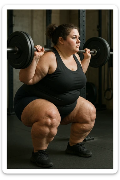 donna grassa con lipedema alle gambe che fa uno squat di profilo con bilanciere, IPERREALISTICA 4K sticker