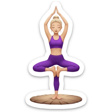 A serene woman wearing purple yoga clothes balancing in tree pose, stars around her, meditative aura. sticker
