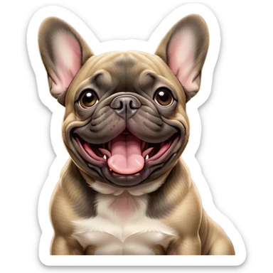Cinematic Cute Yawning Brindle French Bulldog Portrait Emoji, Head tilted slightly with a dramatic, wide-open yawn, showcasing a sleek brindle coat with subtle fawn highlights, floppy ears slightly drooping, round dark eyes barely open in drowsy contentment, Simplified yet irresistibly adorable features, highly detailed, glowing with a soft, cozy glow, high shine, relaxed yet expressive, stylized with a touch of whimsy, bright and endearing, soft glowing outline, capturing the essence of a sleepy yet affectionate companion, so drowsy it feels like it could stretch out of the screen and curl up for a nap! sticker