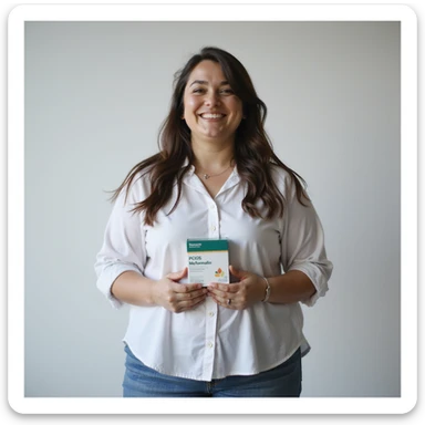 hyperrealistic 4K vertical 9:16 image of an overweight woman with PCOS standing on isolated white background, holding a box of Metformin, hopeful or determined expression, clinical atmosphere sticker