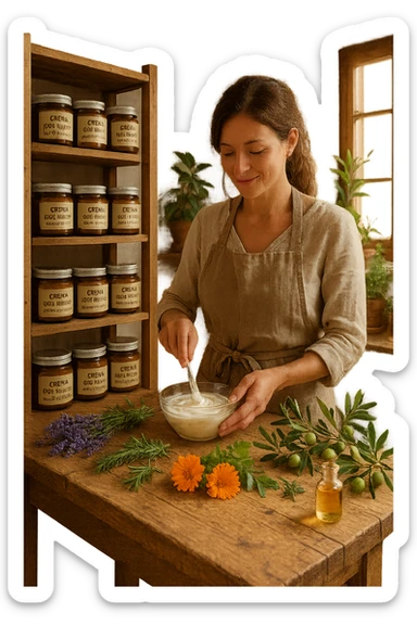 A realistic, high-quality photo of a small artisan skincare laboratory in Italy, with wooden shelves displaying beautifully packaged glass jars of natural creams made with herbal and botanical extracts, olive oil, and essential oils, clearly labeled ‘100% Natural’ and ‘Artisan Made in Italy’. The scene includes a bright, sunlit rustic workspace with plants, fresh lavender, rosemary, calendula flowers, and olive branches on the wooden counter, symbolizing purity and nature. A female artisan in a linen apron is carefully mixing creams in a glass bowl, smiling softly. The environment feels warm, authentic, and eco-friendly, emphasizing the concept of handcrafted skincare without synthetic chemicals sticker