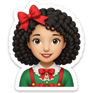 cute girl tan skin, curly black hair chin length, middle part, long eyelashes, cute cheeks, 5'2, outfit croquette style with bows and christmas theme, smiling,  no bangs sticker
