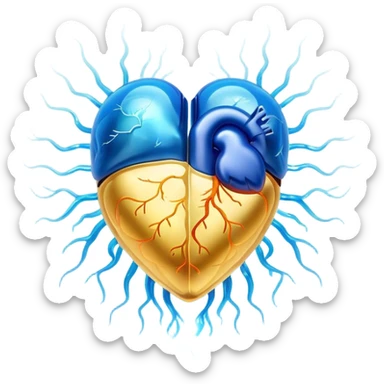Golden omega-3 fish oil capsule with ethereal blue glowing aura connecting to a translucent heart and brain, showing energy flowing between them, with soft light waves sticker