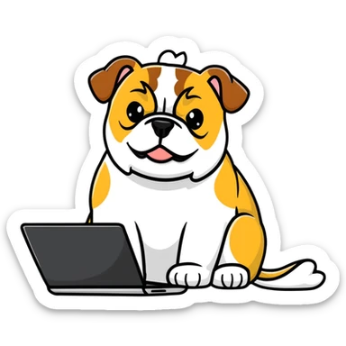 English bulldog sitting with a laptop sticker