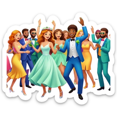 Wedding guests dancing on dance floor with cannabis, colorful party atmosphere, disco lights, cheerful cartoon style sticker