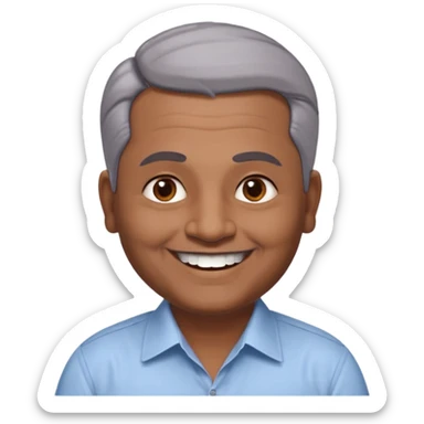 50 yr old indian man, dark skin, grey hair, big smile, white teeth, chubby, no moustache, clean shaven, young style hair, hair brushed back, 5 oclock shadow, bindy, dress shirt, forehead dot, chubby sticker