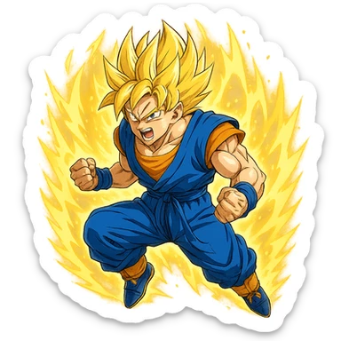 Son Goku, Super Saiyan form, golden spiky hair, blue and orange gi, energy aura, dynamic anime style sticker