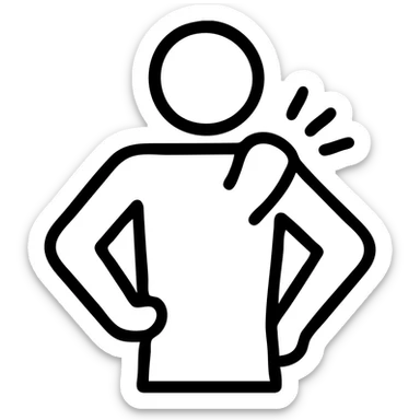 outlined icon of a man touching the back of his shoulder with one hand and the other hand on his waist, no fill, simple and clear black lines sticker