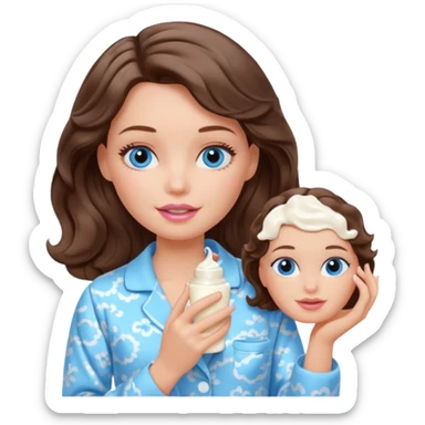 Barbie girl with makeup, blue eyes , and bob long haircut wavy, short brown hair in creamy color pajamas, face cream in hand sticker