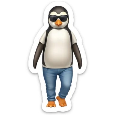 friendly anthropomorphised penguin in jeans and a t-shirt, wearing dark sunglasses, jogging upright, relaxed pose sticker