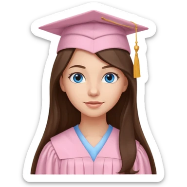 young brunette girl long hair, blue eyes and light pink gown and cap university graduate sticker