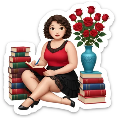 A plus-size brunette woman with short, dark brown curly hair is wearing a red sleeveless shirt and a black lace ruffled skirt. She is sitting on the floor with her legs crossed, holding a crayon in one hand. On the floor are five stacked colorful books and a glass vase with red roses. sticker