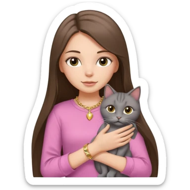 a white girl with brunette long straight hair holding a grey cat. the girl has long lashes and has on a pink shirt and gold jewelry. sticker