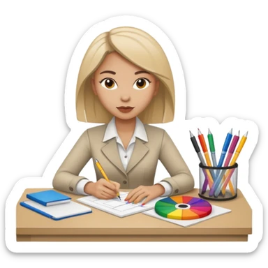 female graphic designer , color wheel, pens, papers , desktop sticker