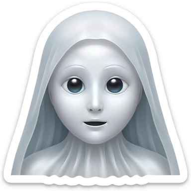 Cinematic Noble Ghost Portrait Emoji, Ethereal and dignified, with a flowing, translucent form in silvery-white hues, wispy and majestic, and a calm, otherworldly expression with deep, thoughtful eyes, simplified yet sophisticated features, highly detailed, glowing with a soft, spectral radiance, high shine, exuding regal mystery and quiet authority, with a soft glowing outline that captures the essence of a ghostly guardian drifting from another realm! sticker