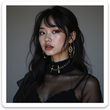 realistic portrait of a K-pop idol inspired by Blackpink, photorealistic style, dramatic lighting, stylish outfit, fierce attitude sticker