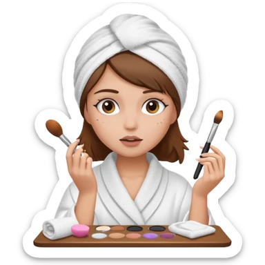 Girl with brown hair in white dressing gown and white towel wrapped in her head doing her makeup sticker