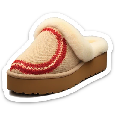 Camel slip-on slippers. red thin woven zig-zag line only encircling the top opening, and a chunky thick platform sole. “UGG” sticker