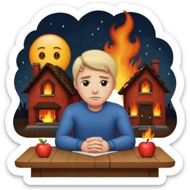 a man sits sadly at a table, a house burning at night behind him, apple style emoji sticker