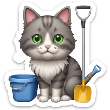 A very cute cat holding a toilet shovel, a litter box beside it sticker