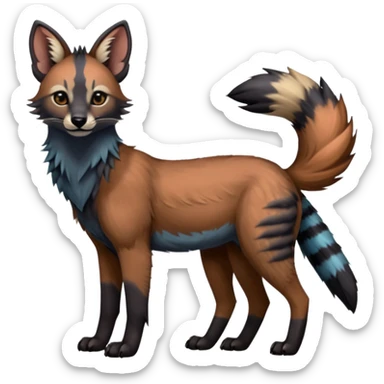 Realistic edgy bluish greyish blackish whitish silvery coppery Shiny Colorful Dusky Dark Gloomy Glossy Aardwolf-Maned-Wolf-Caracal-Lion-Bobcat-fusion-animal-hybrid-creature, full body, tufted ears, long thin tufted tail sticker