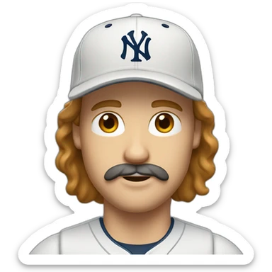 white man with brown long hair and ny baseball cap and mustache sticker