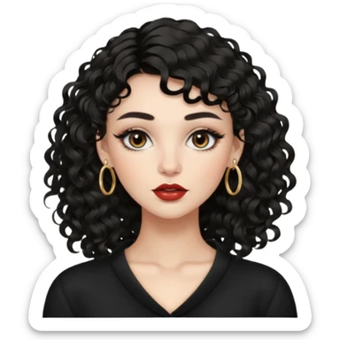 Woman with thick black wavy 2b hair and curly bangs, light eyes, fair skin, defined brows, high cheekbones, full lips, septum ring, soft glam makeup, confident expression. sticker